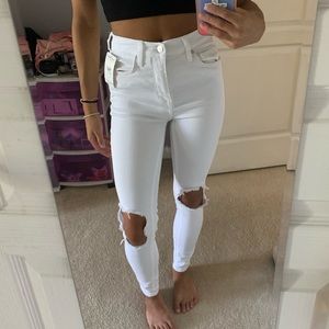 Free People High Rise White Ripped Knee Jeans